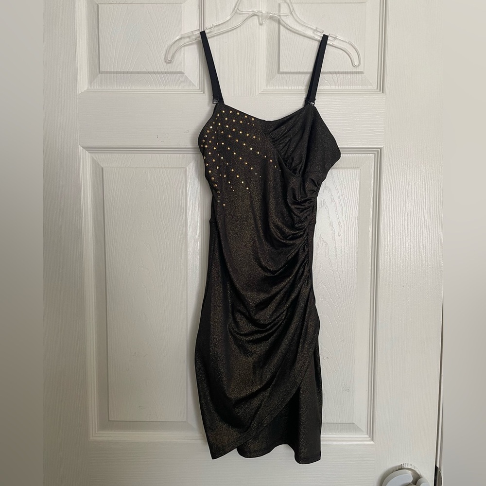 NWT Material Girl Elegant Black Dress W/ Gold Accents size small also Strapless